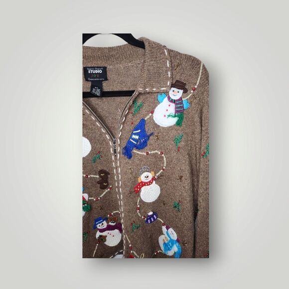 Studio Joy snowman sweater jacket cardigan beaded embroidered size Petite Large - Picture 6 of 9